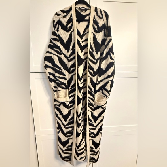 Express Zebra Print Longline Cardigan Sweater Coat L Animal Print Duster - Picture 2 of 3